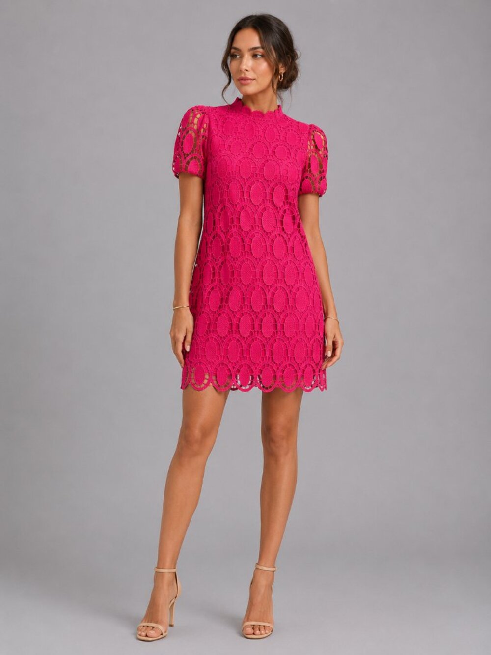 Women's Hot Pink Lace Mini Dress Puff Sleeve A-Line Cocktail Party Summer Dress